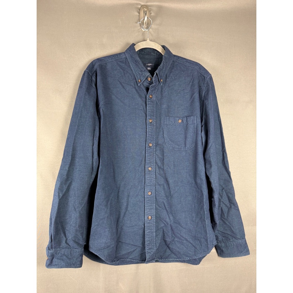 J.Crew Flannel Shirt Mens Large Blue Elbow Patches Cotton Button Down B3061